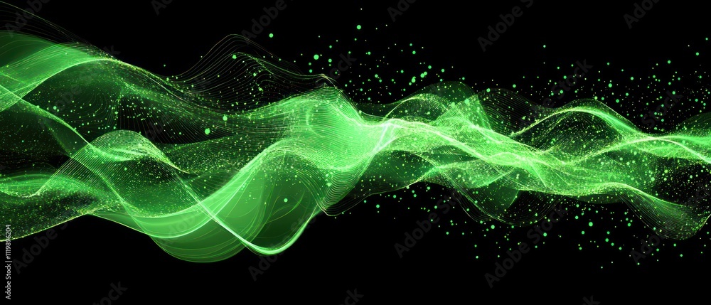 Poster abstract green wave with particles, representing energy or motion.