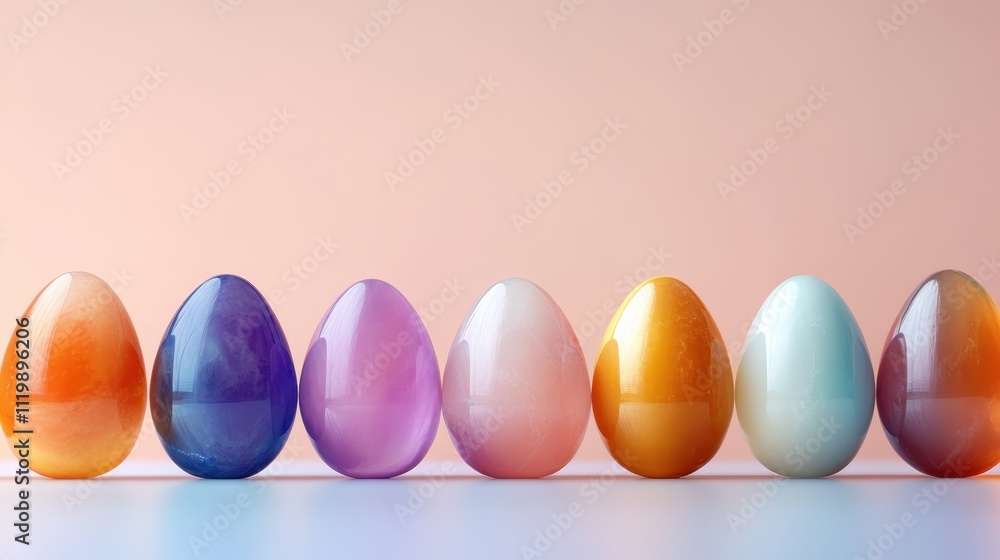 Poster seven vibrant glass eggs displayed in a row, each one showcasing a different color, reflecting intri