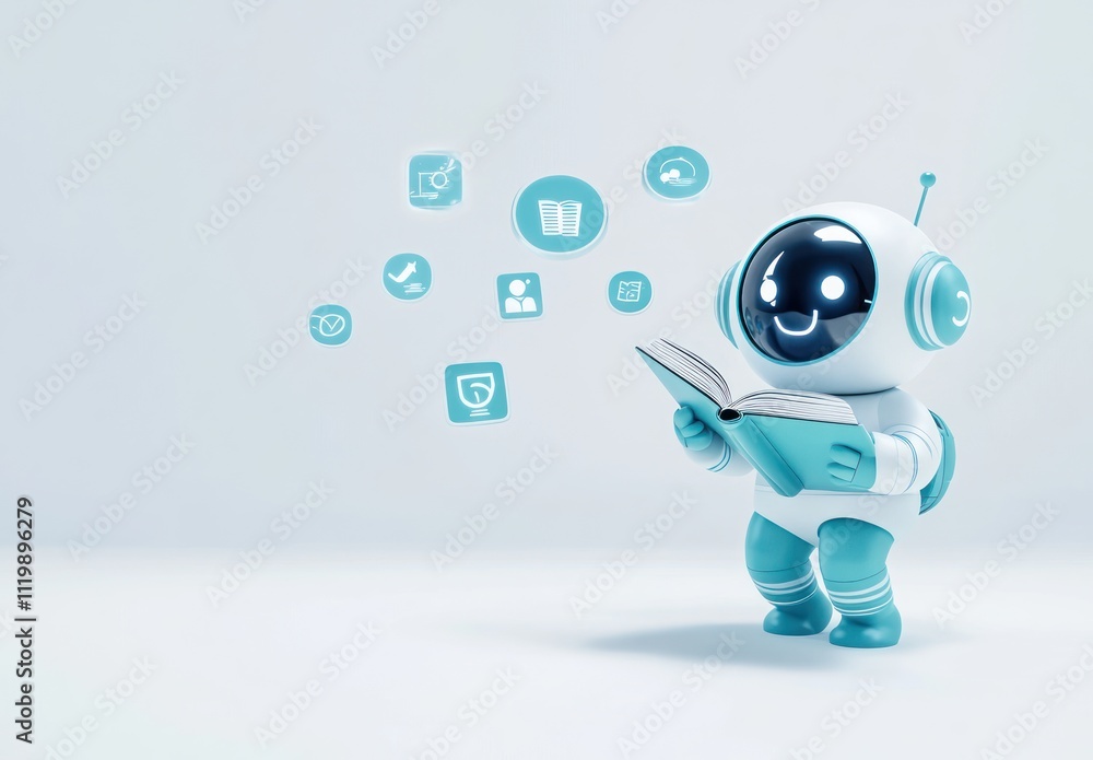 Poster A cute robot reading a book with floating icons representing knowledge and learning.