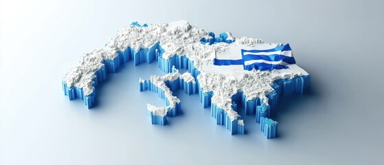 3D model of Greece with flag on a light blue background.