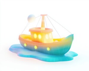 Colorful toy boat on a water surface, white isolate background.