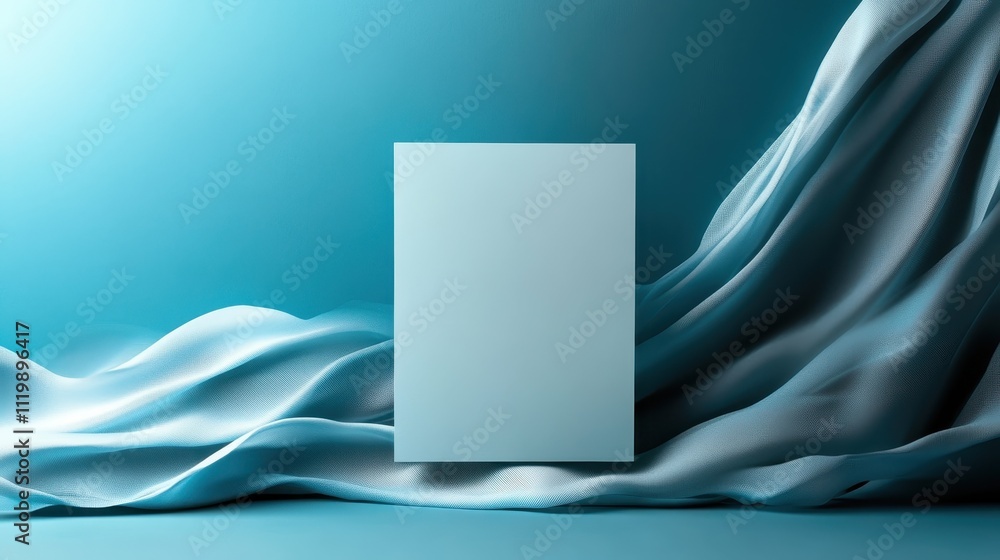 Poster an artistic composition featuring a plain light blue rectangle canvas placed in front of elegantly d