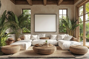 Cozy, modern living room with natural elements and a relaxed atmosphere.