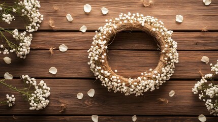 Obraz premium Overhead view of Baby’s Breath wreath, placed on a rustic wooden table with scattered petals and twine