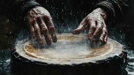 Hands Gently Playing a Water Dampened Drum