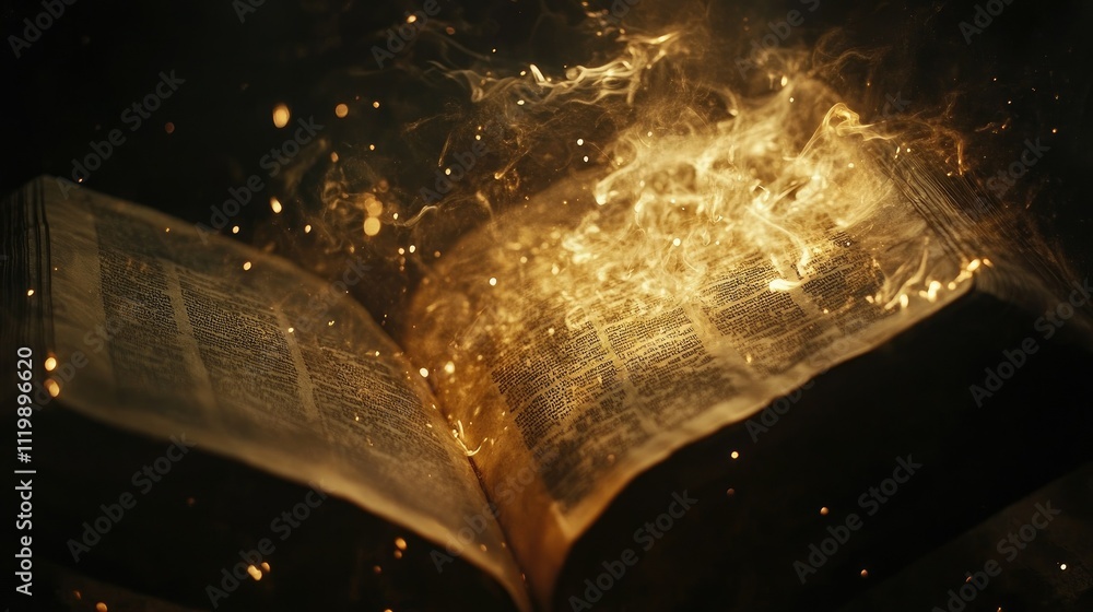Poster enchanted ancient book glowing with magical flames and sparkling dust in a mysterious dark environme