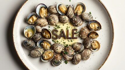 Fototapeta premium Delicious seafood platter featuring fresh clams and a sale promotion on a plate