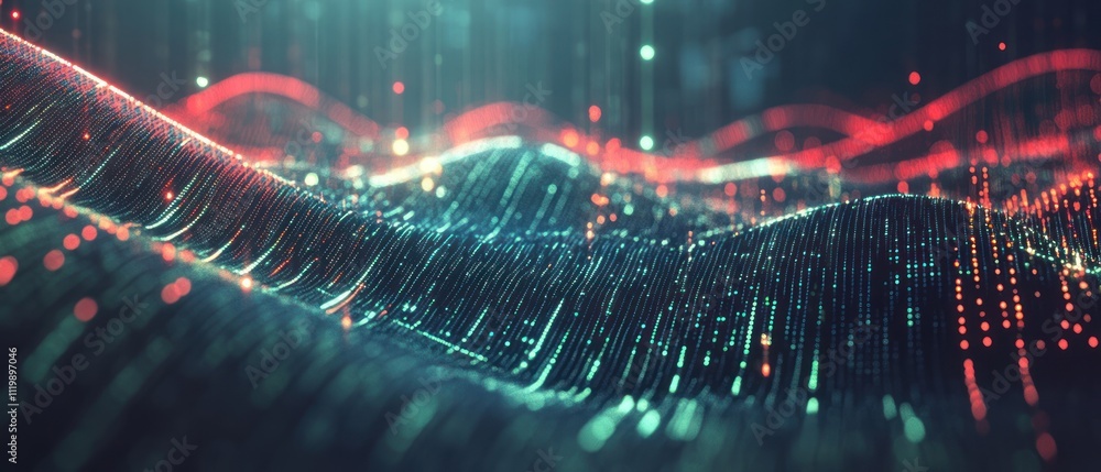 Aufkleber Abstract digital landscape with flowing lines and glowing particles.