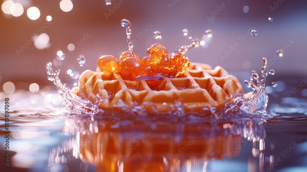 Poster delicious golden waffle splashing in water with honey drizzle and bokeh background capturing the ess