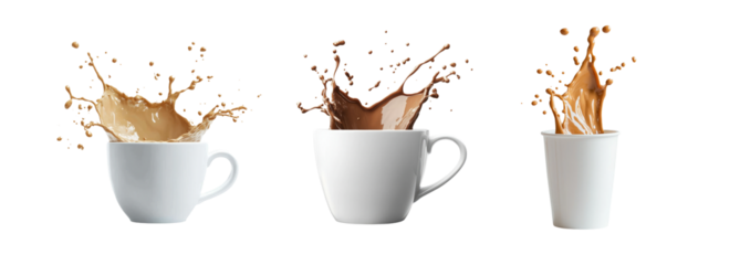 White Cups with Splashing Liquid on Transparent Background