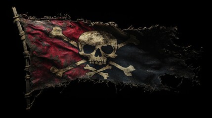 Tattered Pirate Flag with Skull and Crossbones on Black Background Symbolizing Adventure, Danger, and the Golden Age of Piracy in a Nostalgic and Edgy Style