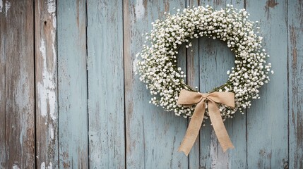 Rustic wreath made of Baby’s Breath flowers, hung on a weathered wooden door with a burlap ribbon