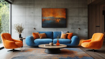Modern Living Room with Concrete Walls, Blue-Orange Sofa Set, and Designer Chairs