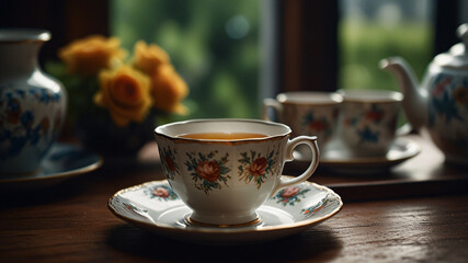Obraz premium A cup of tea in a delicate porcelain cup.