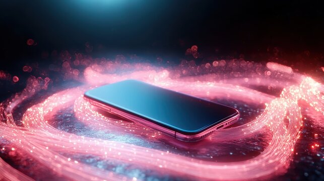 A sleek smartphone lies elegantly encircled by swirling pink lights, representing the connectivity and seamless flow of modern digital technology.