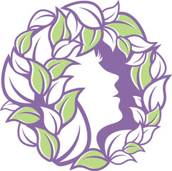 female face in profile inside a wreath of leaves