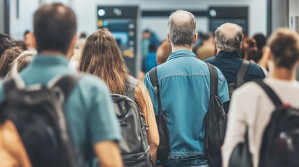 Fototapeta premium Crowded airport security checkpoint with travelers waiting in line, bags and personal items being scanned. Efficient travel and safety measures in modern transportation hubs.