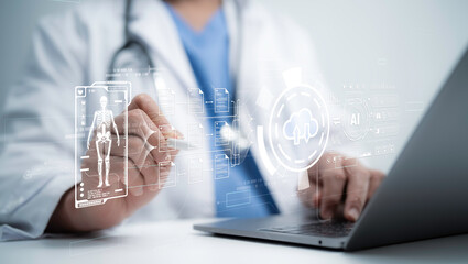 A doctor using AI-powered technology for medical record management. The virtual interface shows file sharing, cloud storage, and patient health data, reflecting innovative healthcare solutions