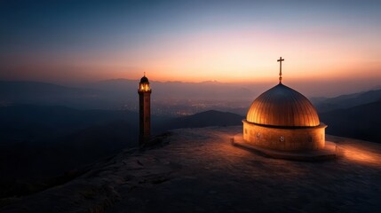 Obraz premium A stunning sunset paints the sky behind a solitary dome and minaret on a hill, creating a dramatic and peaceful scene that captures timeless beauty and solitude.