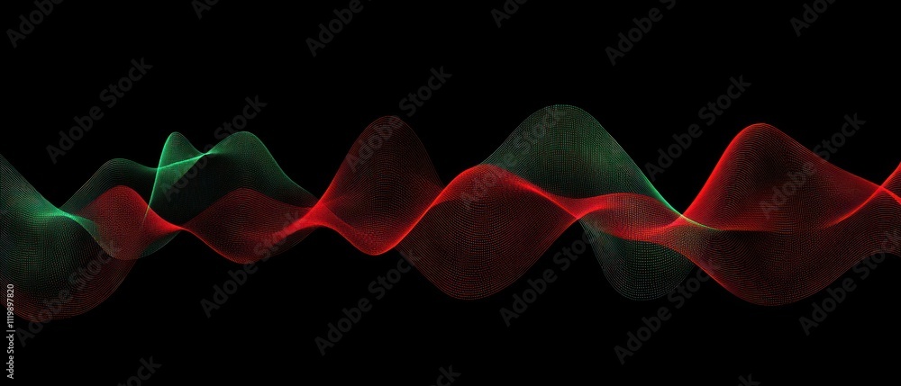 Poster abstract representation of sound waves in red and green on a black background.