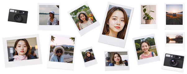 Instant Memories Collage: A vibrant collection of instant photos scattered, capturing diverse moments and faces. Perfect for projects needing a nostalgic, fun.