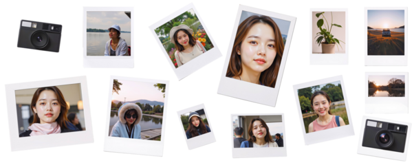 Instant Memories Collage: A vibrant collection of instant photos scattered, capturing diverse moments and faces. Perfect for projects needing a nostalgic, fun.