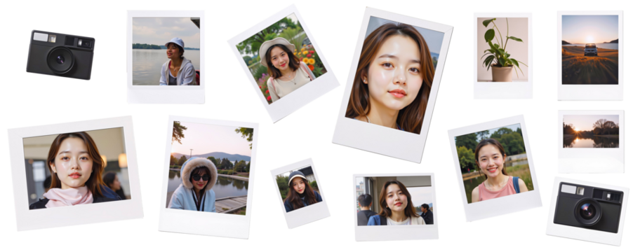 Instant Memories Collage: A vibrant collection of instant photos scattered, capturing diverse moments and faces. Perfect for projects needing a nostalgic, fun.