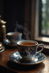 Fototapeta premium Indulging in afternoon tea with red tea and desserts. 