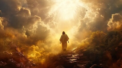 Obraz premium Jesus Christ, against the backdrop of a dramatic sky with clouds and sunlight, turns to God the Father