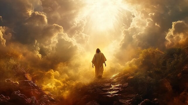 Jesus Christ, against the backdrop of a dramatic sky with clouds and sunlight, turns to God the Father