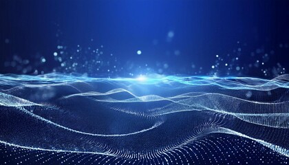 blue background digital signature with wave particles sparkle veil and space with depth of field the particles are white light lines