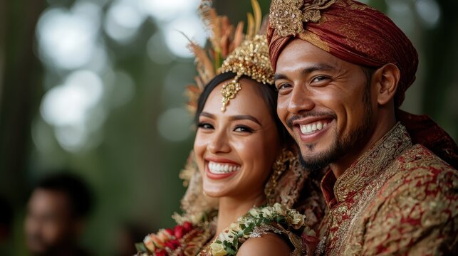 A beaming couple dressed in traditional attire shares a joyful moment on a special day, with ornate accessories enhancing the celebratory mood among nature's backdrop.