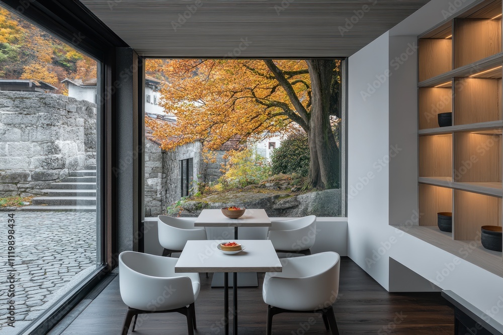 Poster A serene dining space with modern furniture and a view of autumn foliage outside.