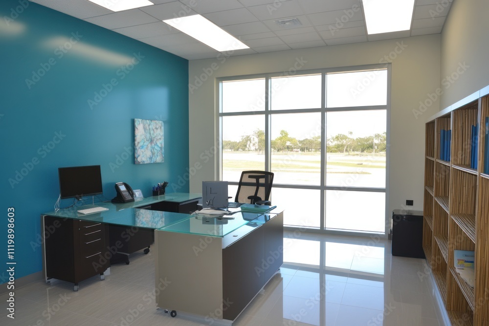 Aufkleber Modern office space featuring a desk, computer, and large windows with a view.