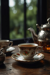 Indulging in afternoon tea with red tea and desserts. 