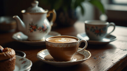 Fototapeta premium Indulging in afternoon tea with red tea and desserts. 
