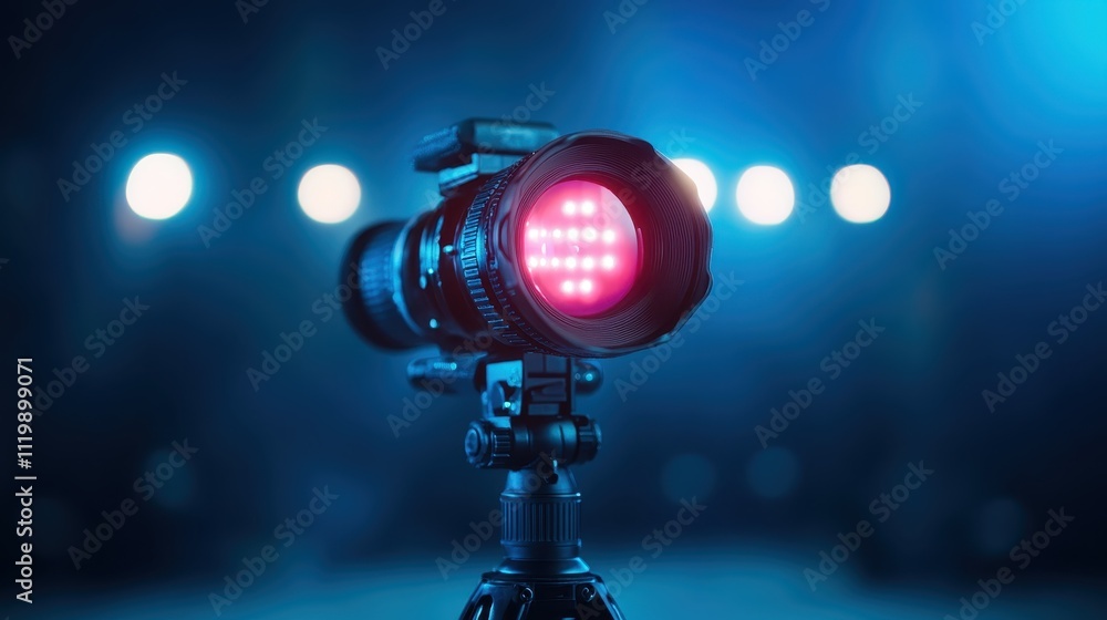 Poster a high-tech camera on a tripod, highlighted by a vividly red glowing lens with a blurred background 