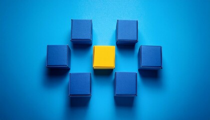 a visually striking image of an outstanding yellow box placed among a series of blue boxes on a light blue background