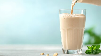 A smooth, creamy beverage is being poured into a clear glass, highlighted by a serene background, emphasizing relaxation and enjoyment, and ideal for wellness themes.