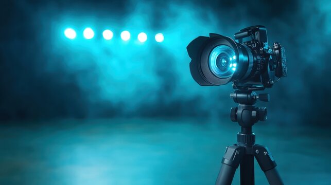 A professional camera mounted on a tripod, featuring a blue illuminated lens against a blurred background of lights, ideal for tech and photography themes.