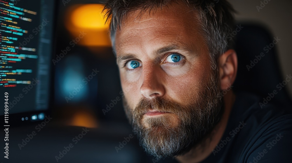Poster a bearded man with piercing blue eyes sits in a dark room, deeply focused and absorbed in coding on 