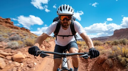 A cyclist in a white t-shirt and helmet navigates a rugged, desert trail under a bright blue sky, showcasing determination and outdoor adventure challenges.