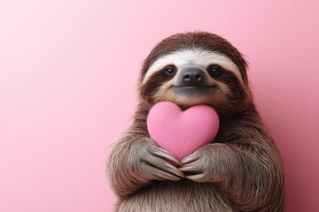 Adorable sloth holding a pink heart on a soft pink background expressing love and affection
