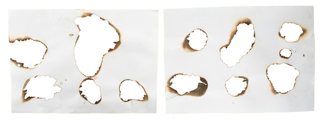 Set of burnt holes of paper, texture and background