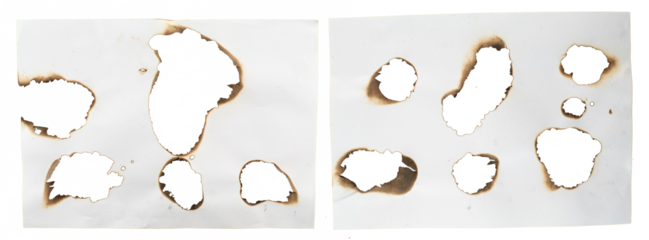 Set of burnt holes of paper, texture and background