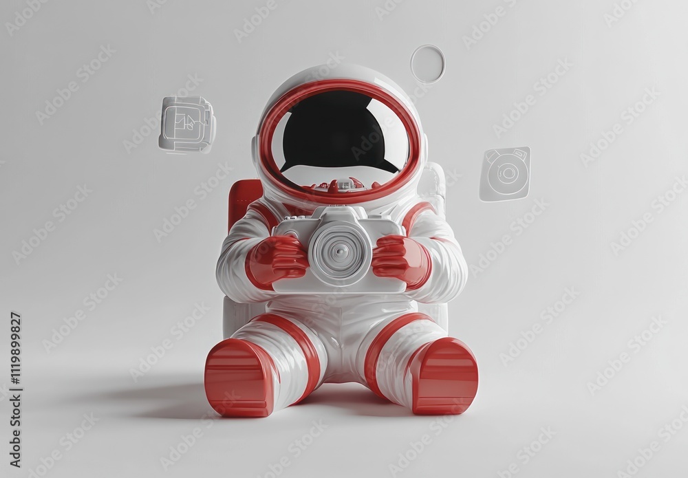 Poster a stylized astronaut figure holding a camera, surrounded by floating icons.