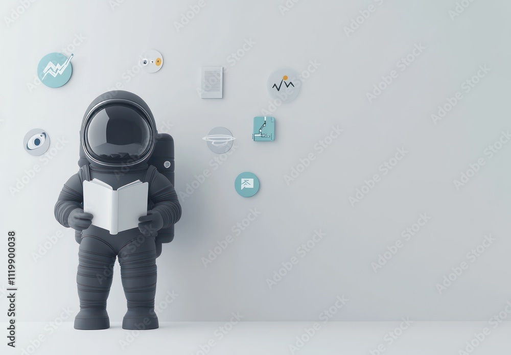 Poster A cartoon astronaut reading a book, surrounded by icons representing data and technology.
