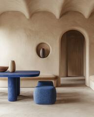 Minimalist, japandi style interior design of modern living room. Beige bench and blue ottoman chairs near blue dining table. Room with stucco walls and arch doorway