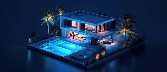 Obraz premium Modern villa with pool at night.