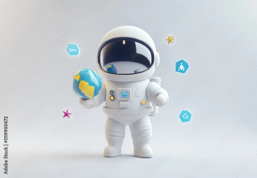 Poster a cheerful astronaut holding a globe, surrounded by various icons representing exploration.